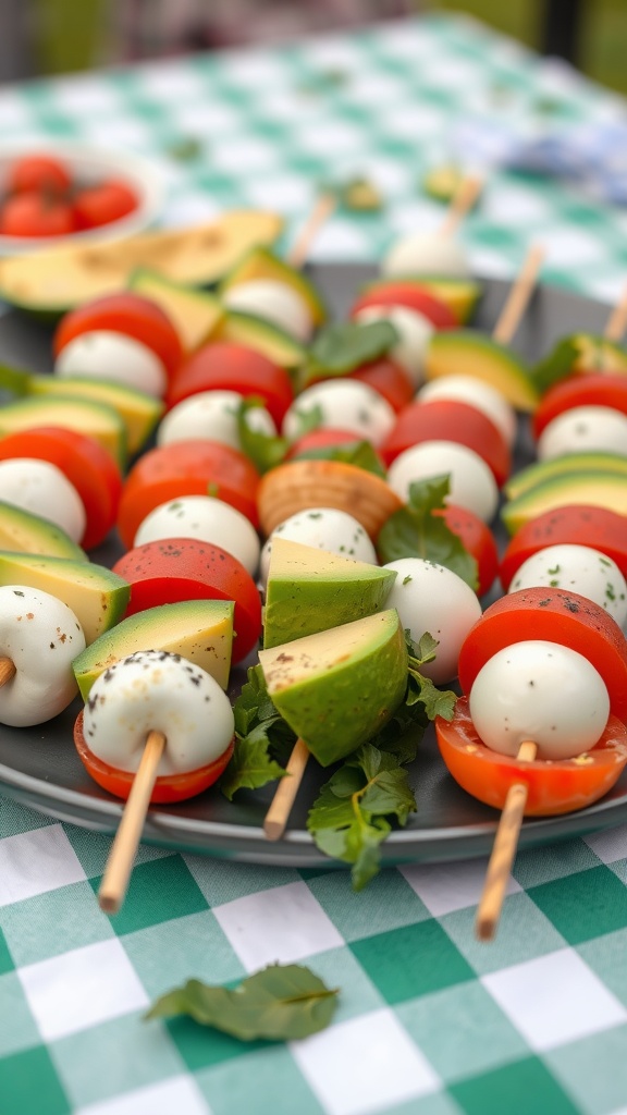 Skewers of avocado, mozzarella, and tomatoes arranged on a plate