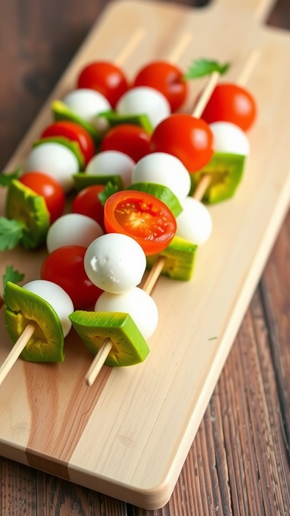 Skewers with avocado, mozzarella balls, cherry tomatoes, and green peppers on a wooden board