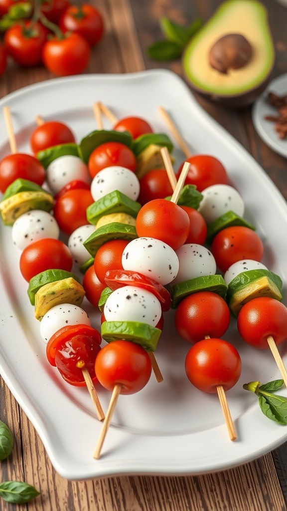 Colorful avocado caprese skewers with cherry tomatoes, mozzarella, and basil on a white platter