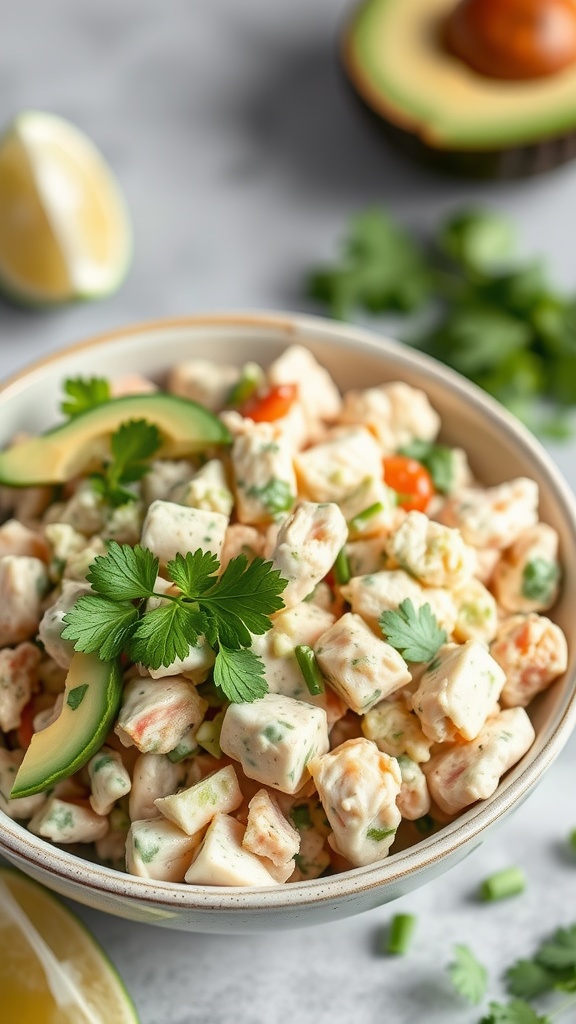 A bowl of avocado chicken salad garnished with cilantro and slices of avocado, with lime and fresh herbs in the background.