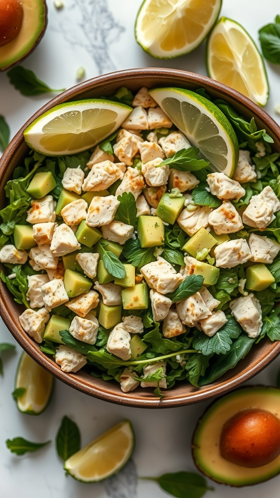 A bowl of avocado chicken salad with lime slices and fresh greens.