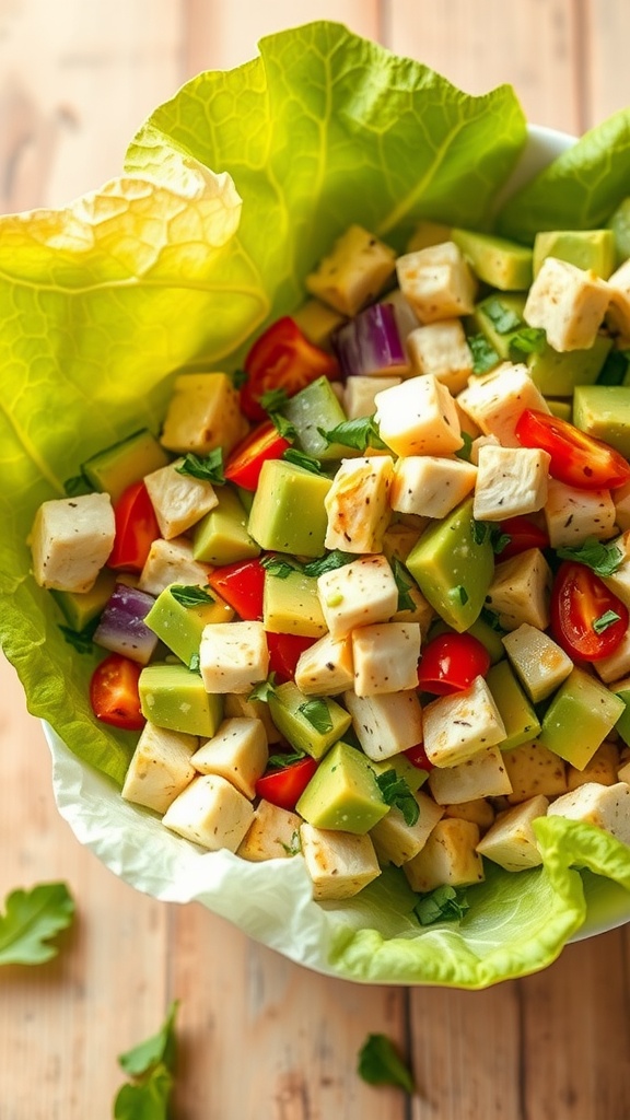 A colorful avocado chicken salad in a bowl with lettuce and diced ingredients.