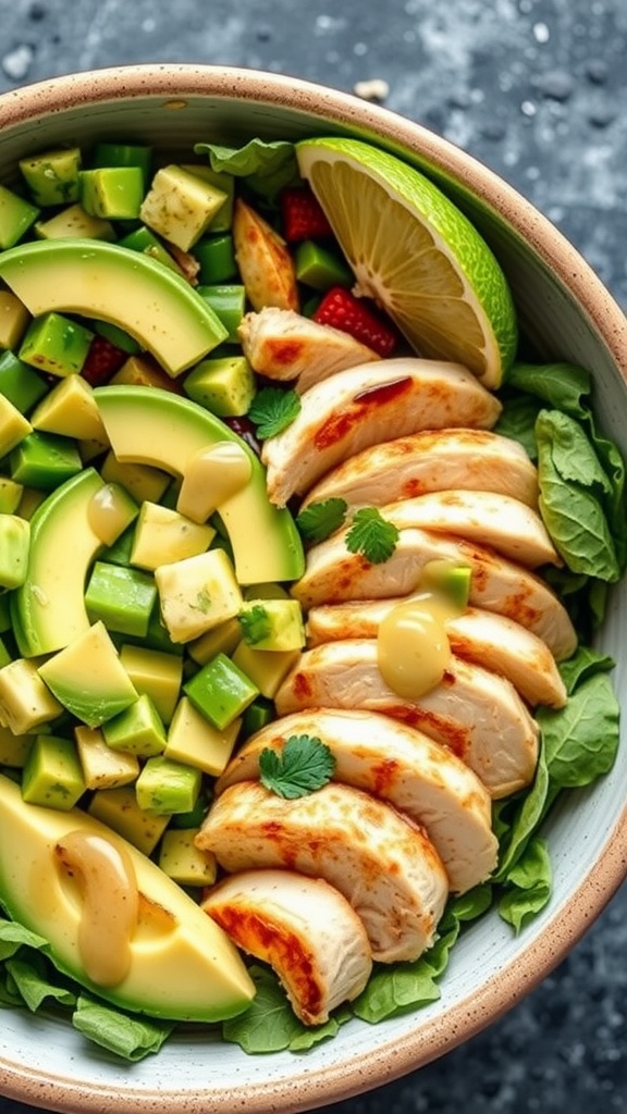 A bowl of Avocado Chicken Salad featuring sliced grilled chicken, avocado, and lime.