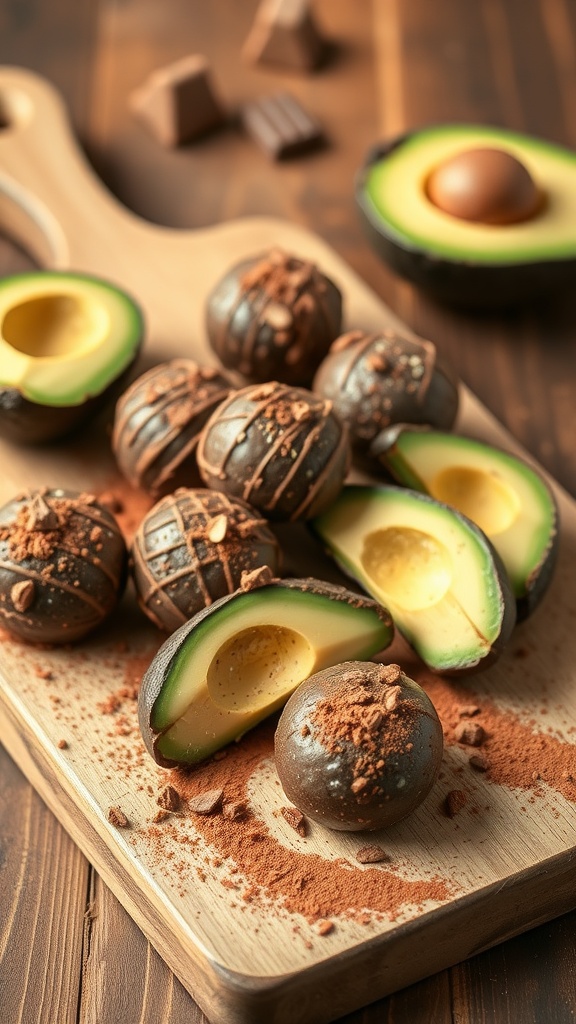 A wooden platter with avocado chocolate energy bites, showcasing half avocadoes and chocolate pieces.