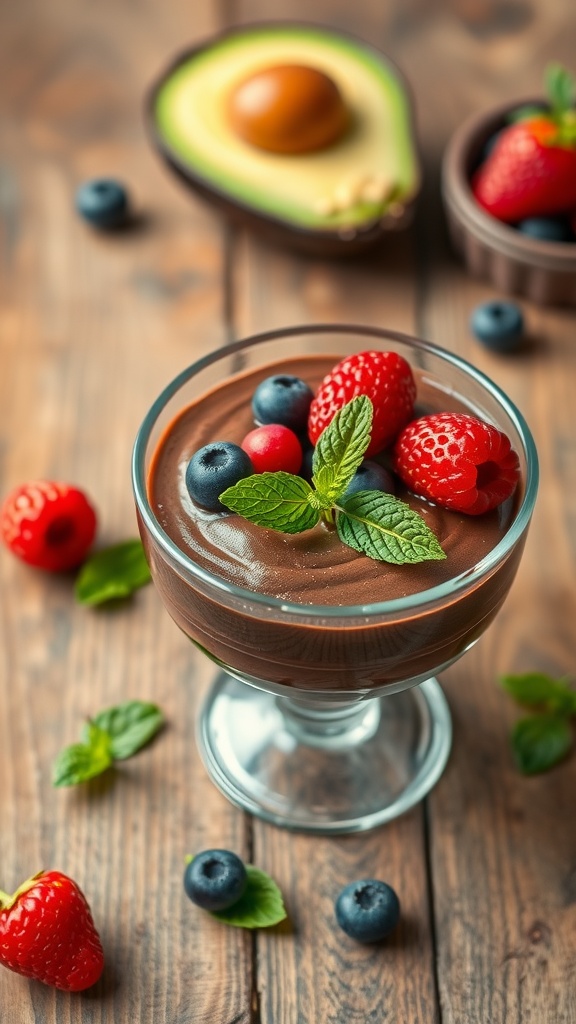 A delicious avocado chocolate mousse topped with fresh berries and mint leaves.