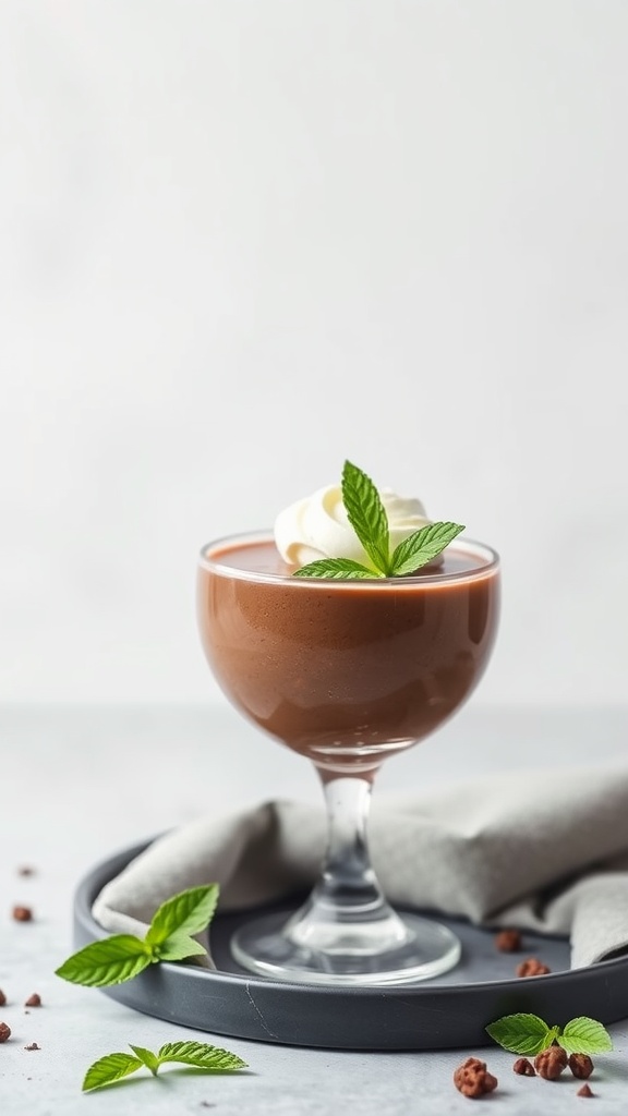 A glass of avocado chocolate mousse topped with whipped cream and mint leaves.