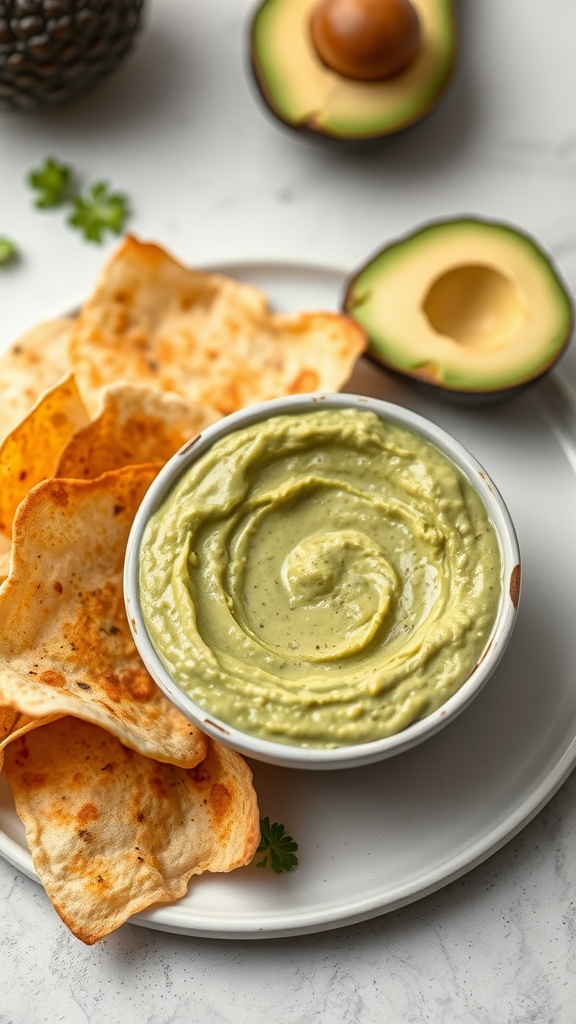 A bowl of creamy avocado chutney surrounded by crispy snacks.