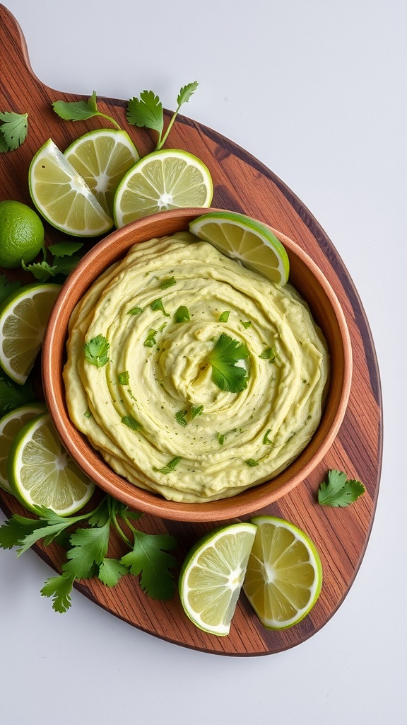 A creamy avocado dip in a bowl garnished with cilantro, surrounded by lime wedges.