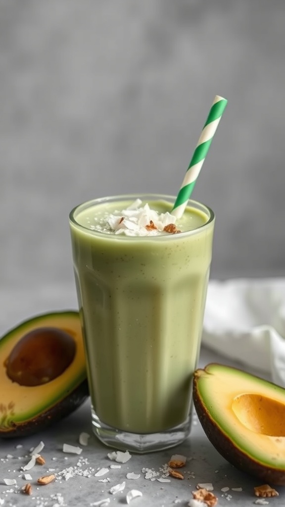 A green smoothie made with avocado and coconut, served in a glass with a striped straw, surrounded by fresh avocados.