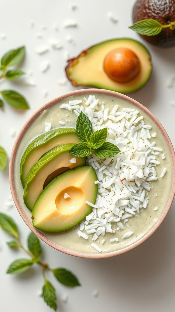 A smoothie bowl made with avocado and coconut, garnished with mint and coconut flakes.