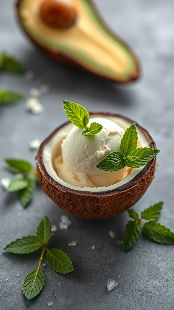 A bowl of avocado coconut ice cream garnished with mint leaves, with an avocado in the background.