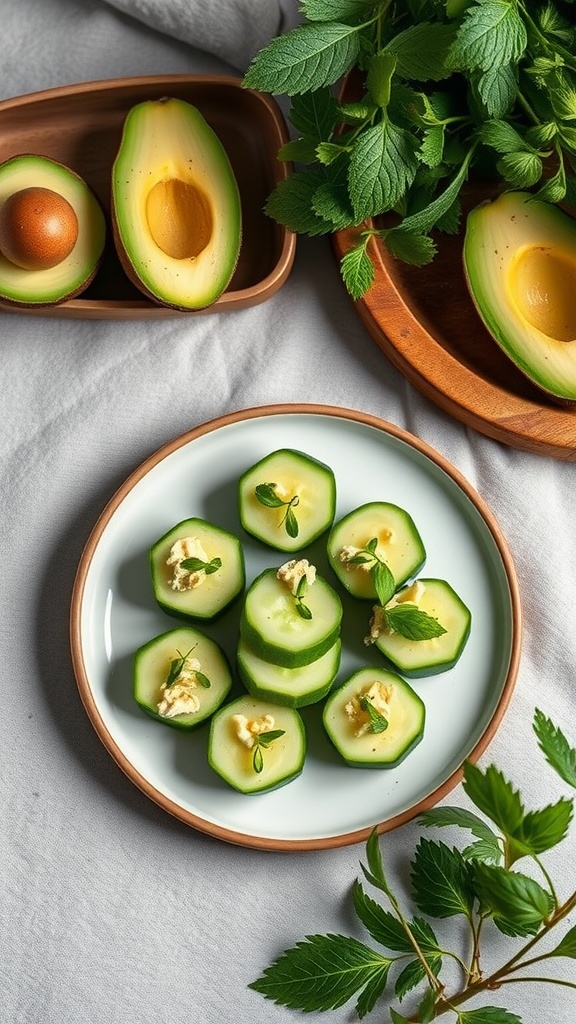 A plate of avocado cucumber bites topped with herbs, accompanied by halved avocados and fresh mint leaves.