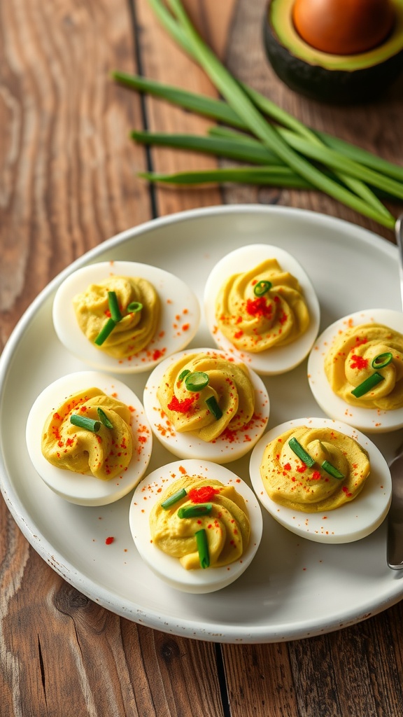 A plate of avocado deviled eggs, garnished with green onions and spices.