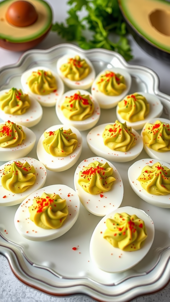 A plate of avocado deviled eggs garnished with paprika and parsley