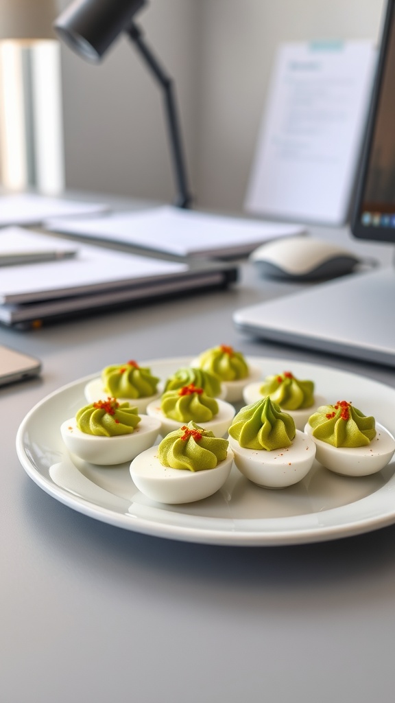 A plate of avocado deviled eggs on an office desk.