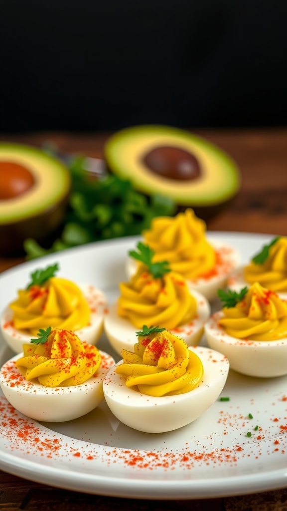 A plate of avocado deviled eggs garnished with paprika and parsley, with halved avocados in the background.