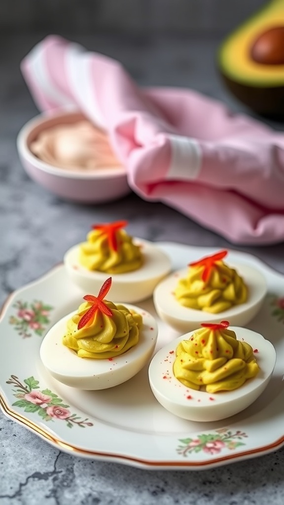 A plate of avocado deviled eggs topped with red garnishes on a floral plate.