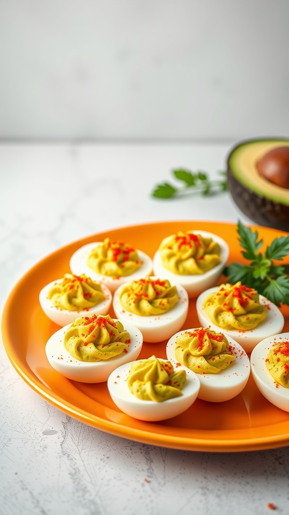 A plate of avocado deviled eggs garnished with paprika and parsley.