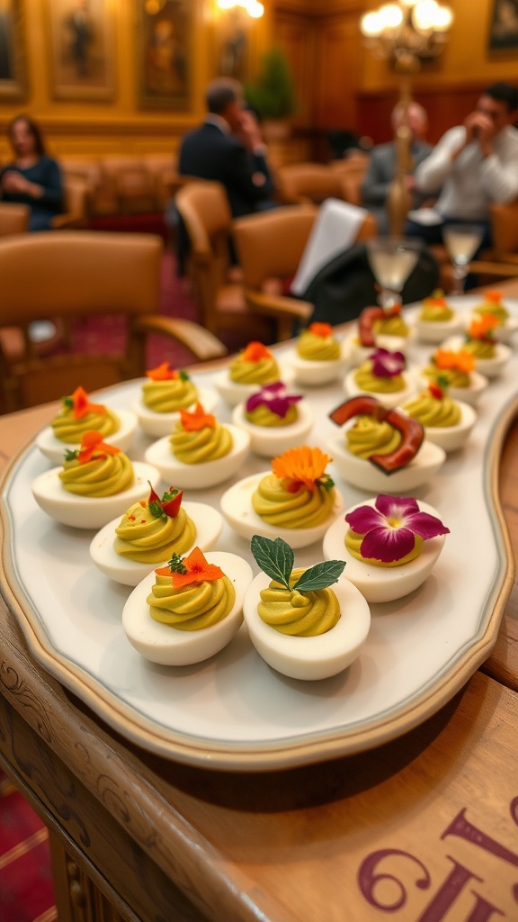 Plate of avocado deviled eggs garnished with colorful edible flowers