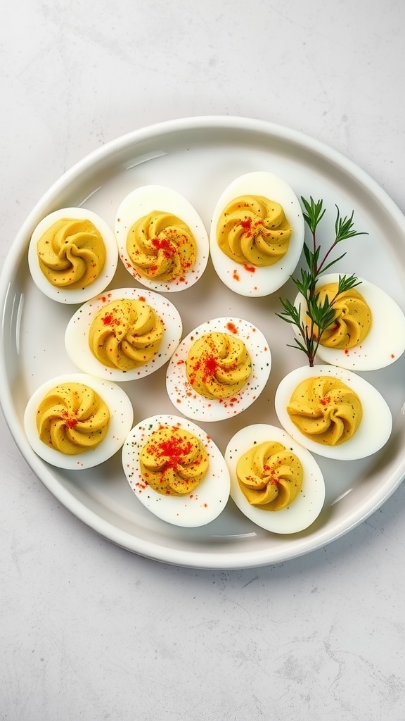 A plate of avocado deviled eggs garnished with paprika and herbs.