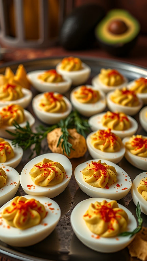 A platter of avocado deviled eggs topped with paprika, garnished with sprigs of herbs.