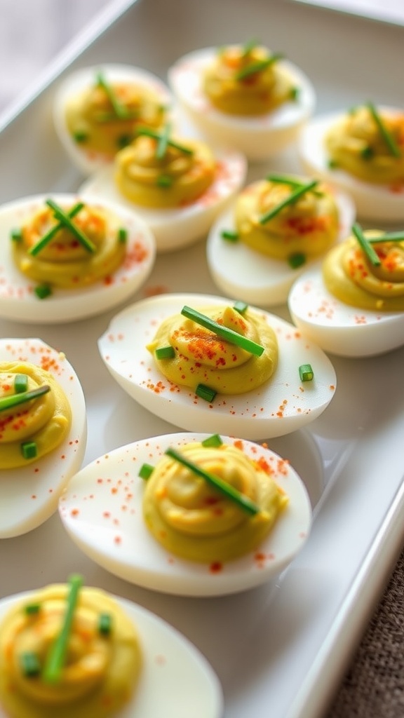 A platter of avocado deviled eggs topped with chopped chives and paprika.