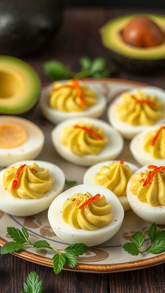 A plate of avocado deviled eggs garnished with red chili and herbs, with whole avocados in the background.