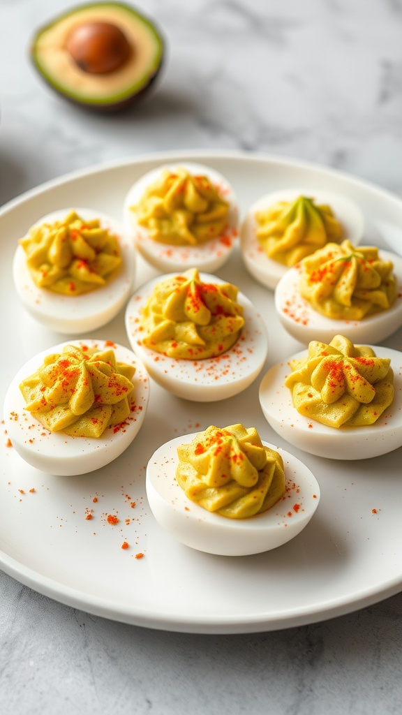 A plate of avocado deviled eggs topped with paprika, with a halved avocado in the background.