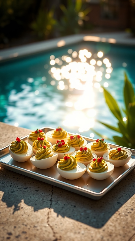 A platter of avocado deviled eggs decorated with red toppings, set against a sunlit pool.