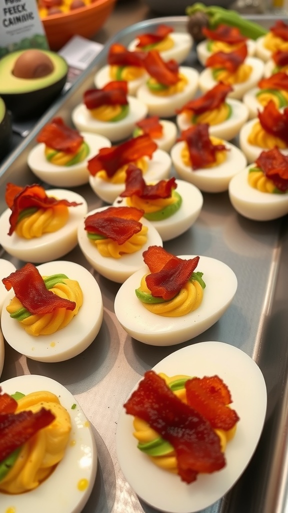 A tray of avocado deviled eggs topped with bacon