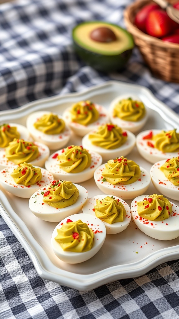 A platter of avocado deviled eggs garnished with spices, set on a checkered tablecloth.
