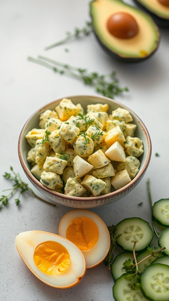 A bowl of creamy avocado egg salad with sliced cucumbers and halved boiled eggs on the side.