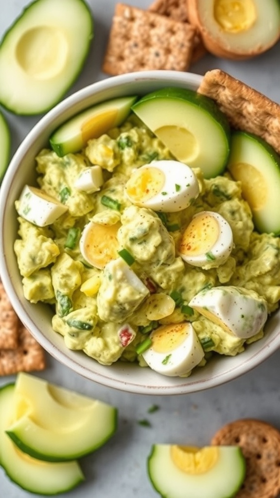 A bowl of avocado egg salad garnished with vegetables and crackers.