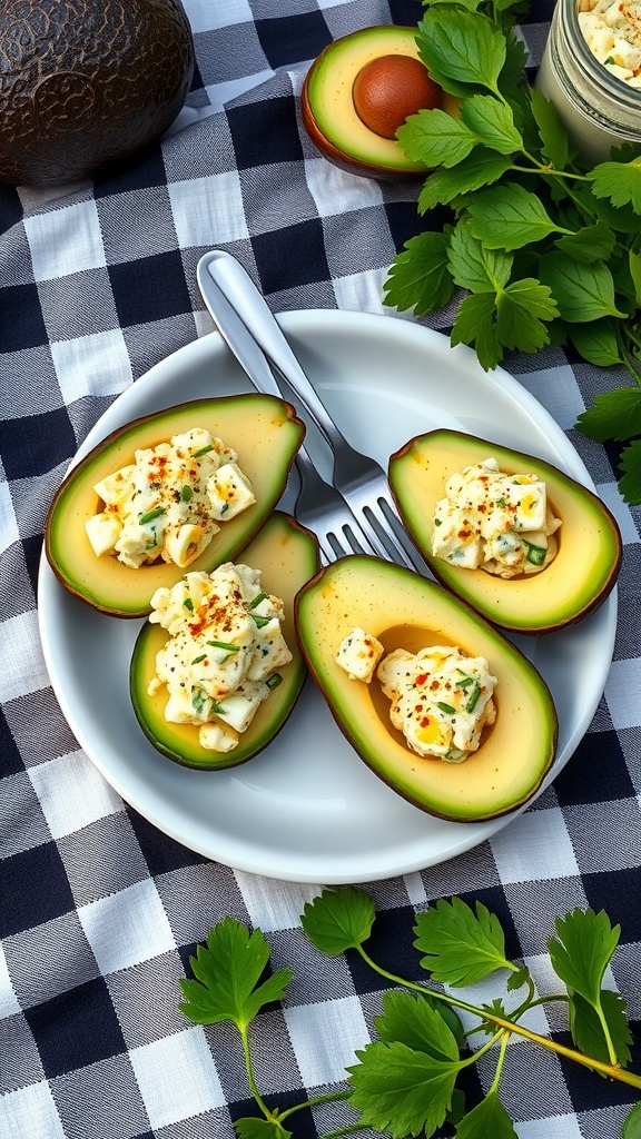 A plate of avocado egg salad served in avocado halves, garnished with parsley.