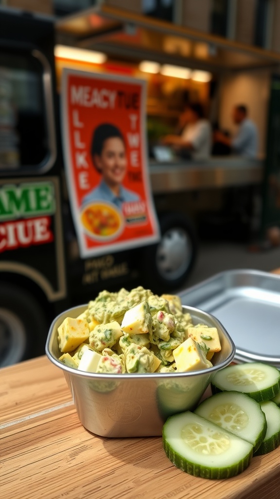 A bowl of avocado egg salad with cucumber slices on the side, set against a food truck backdrop.