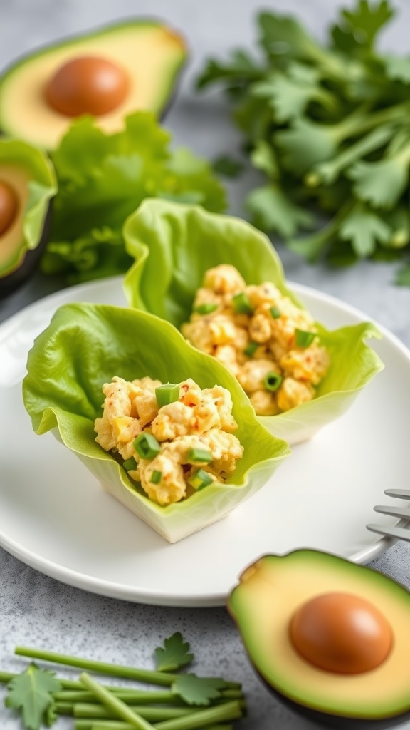 Two lettuce cups filled with avocado egg salad, with sliced avocados and fresh herbs in the background.