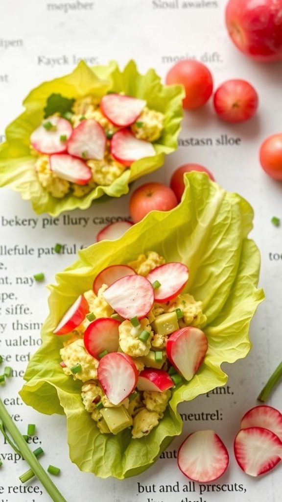 Avocado egg salad served in lettuce wraps with radishes and tomatoes