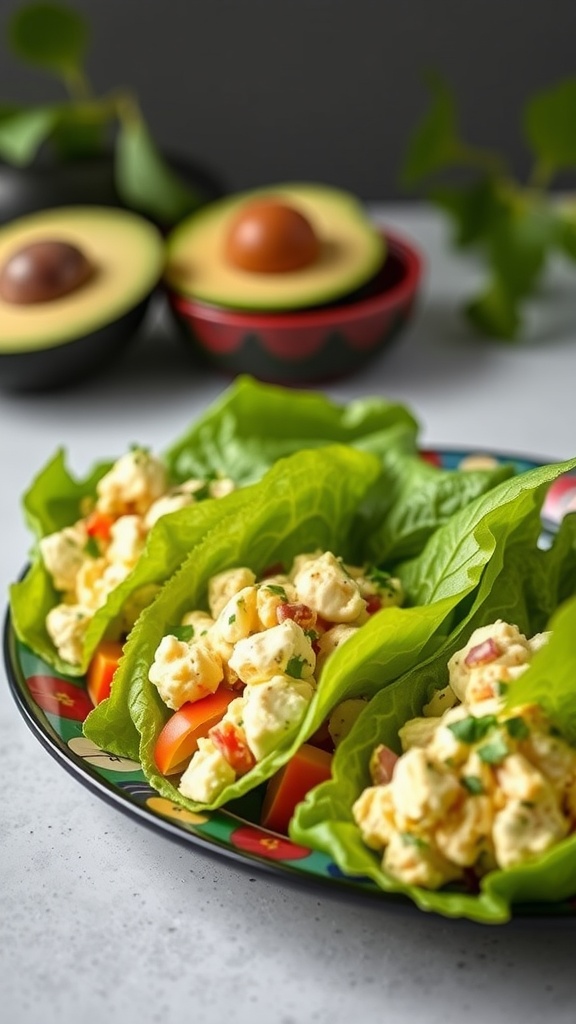 Avocado egg salad in lettuce wraps on a colorful plate with avocados in the background.