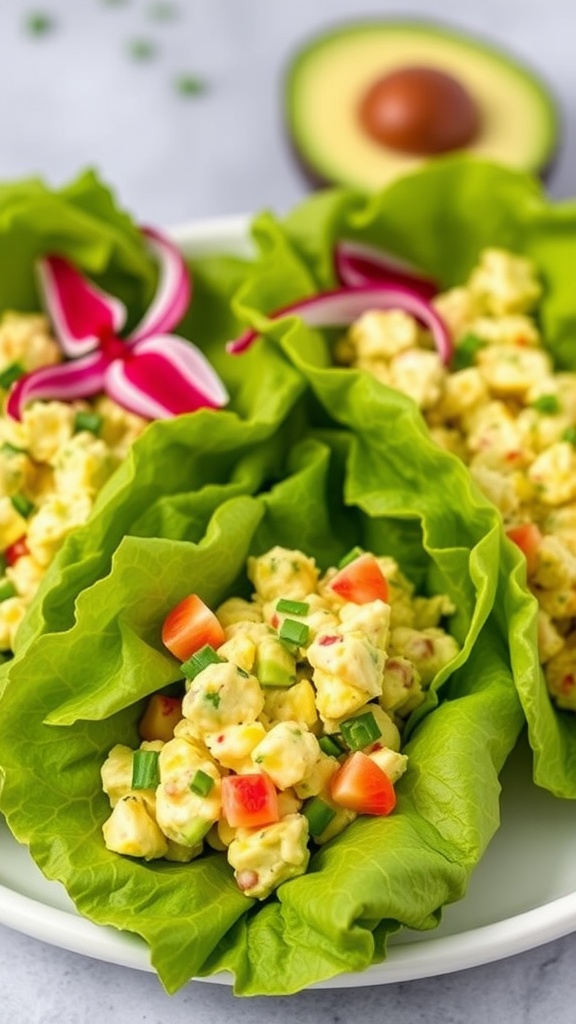 A plate of avocado egg salad served in lettuce wraps, topped with slices of boiled egg and colorful diced vegetables.