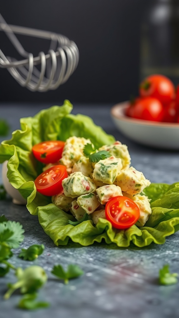 Avocado egg salad in lettuce wraps with cherry tomatoes