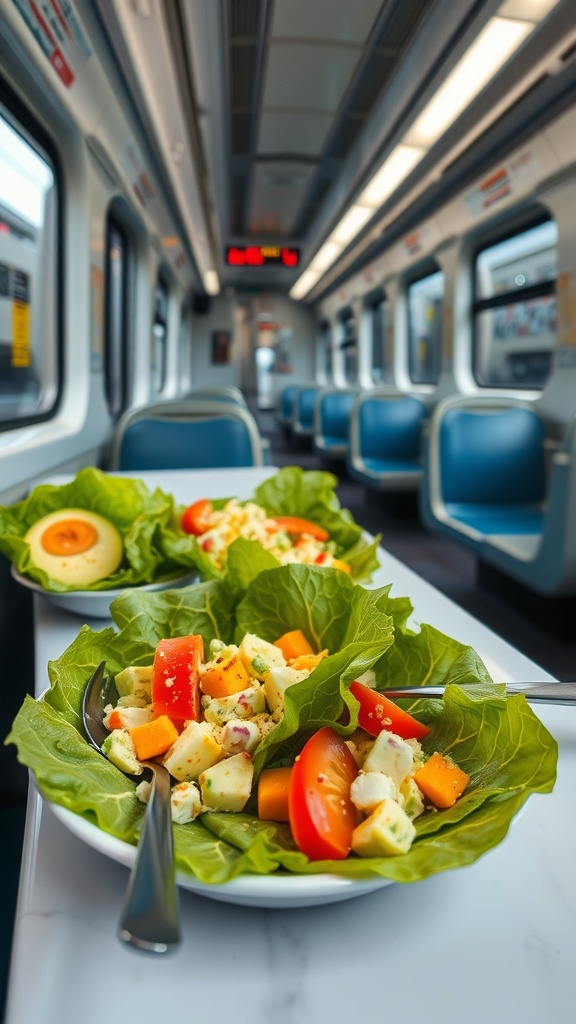 A colorful avocado egg salad served in lettuce wraps on a train table.