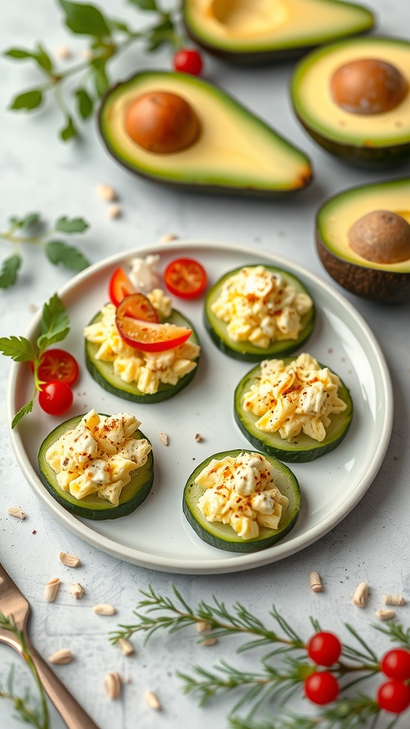 Avocado egg salad served on cucumber slices with cherry tomatoes and herbs.