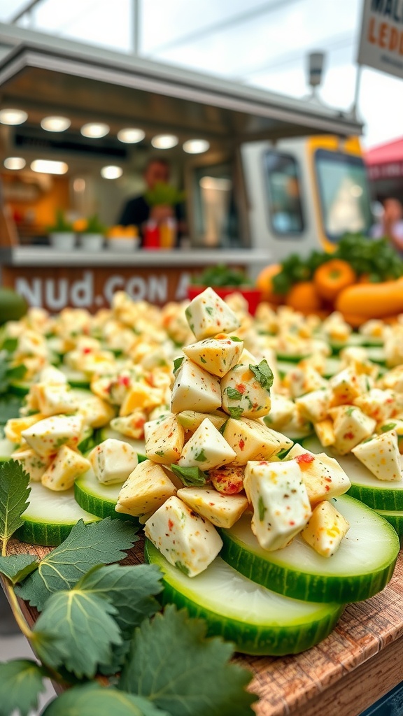 Avocado egg salad served on cucumber slices, arranged neatly on a wooden board.