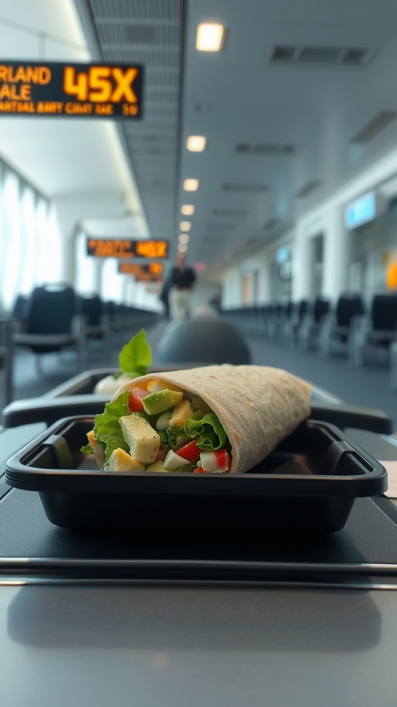 Avocado egg salad wrap with colorful vegetables in an airport terminal setting