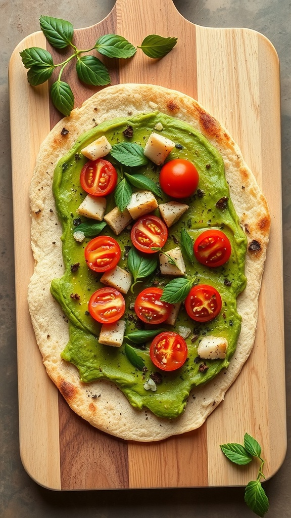 A colorful avocado flatbread topped with tomatoes and fresh herbs on a wooden board.