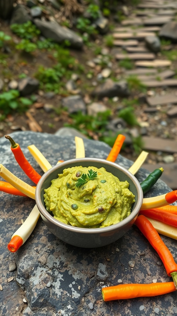 A bowl of guacamole surrounded by colorful veggie sticks on a rocky surface