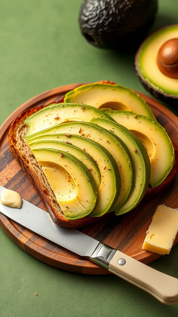 Sliced avocado on a wooden board with a knife and a slice of butter.