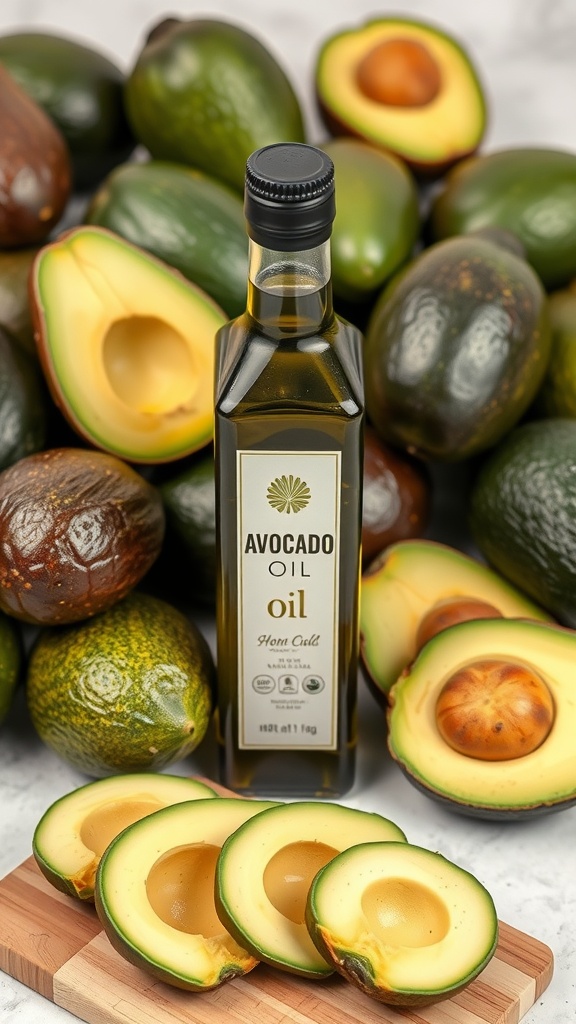 A bottle of avocado oil surrounded by whole and halved avocados.