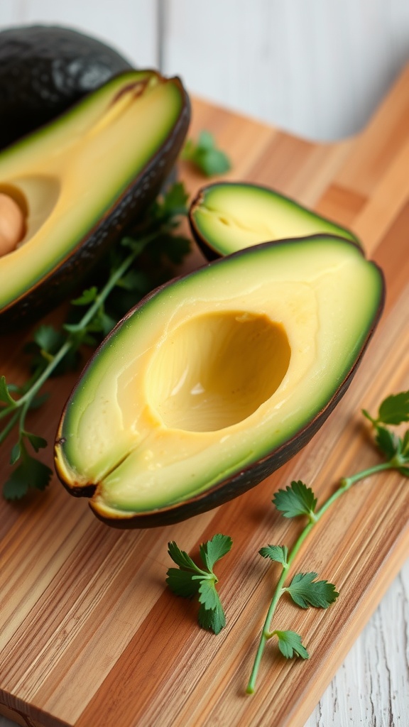 Sliced avocado on a wooden cutting board with cilantro.