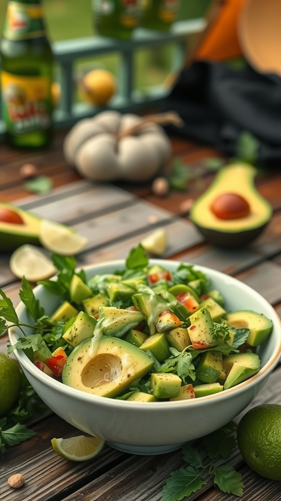 A bowl of avocado salad featuring diced avocados, green peppers, cilantro, and lime dressing on a wooden table.